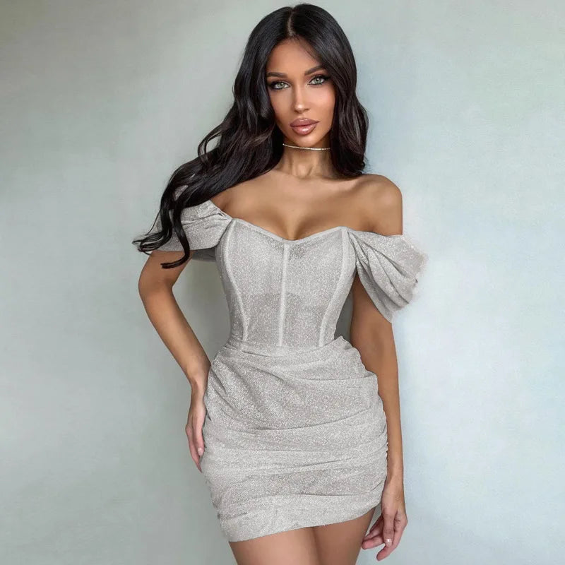 Off-Shoulder High Waist Midi Dress for Women - Silver/Black - Image 3