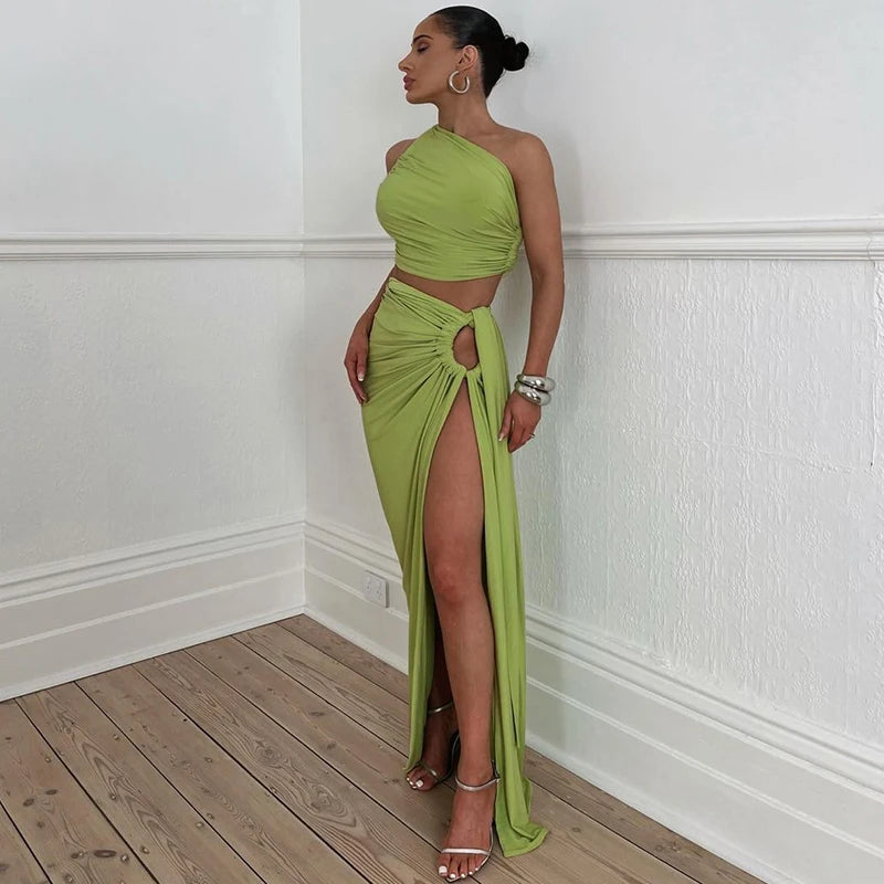 Sexy One Shoulder Crop Top and Maxi Skirt Set - Image 3