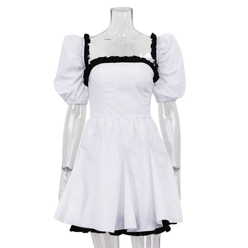 Summer Black and White Contrast Puff Sleeve Backless Dress - Image 5