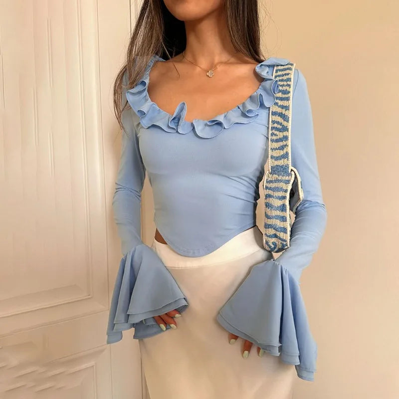 Elegant Ruffled Bell Sleeve Cropped Top for Women - Image 7