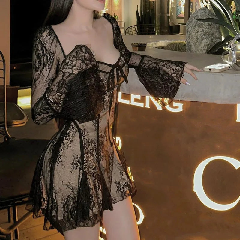 Women's Sexy Lace-Up Mini Dress with Pleated Sleeves - Image 5