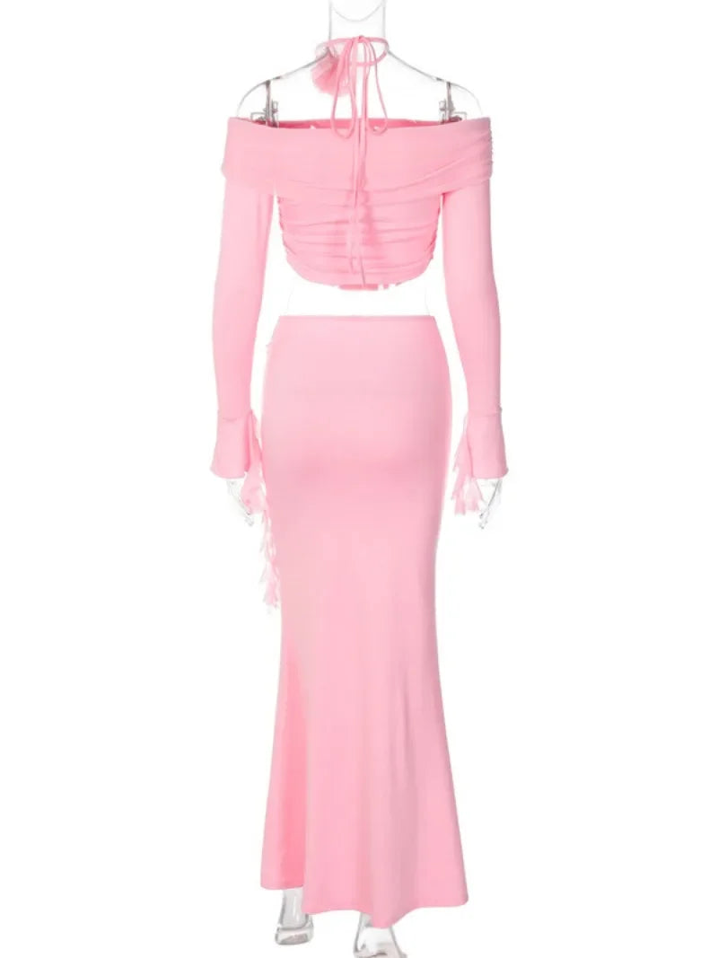 Elegant Floral Crop Top and Long Skirt Set for Parties - Image 8