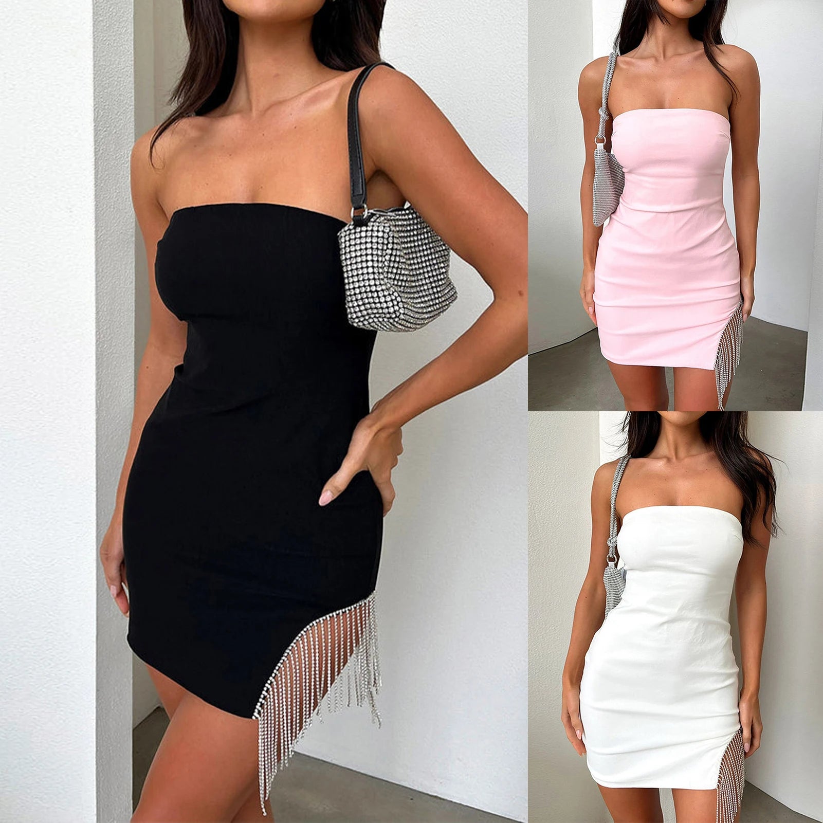 Solid Color Asymmetrical Hem Mini Bandeau Bodycon Dress - Image 5