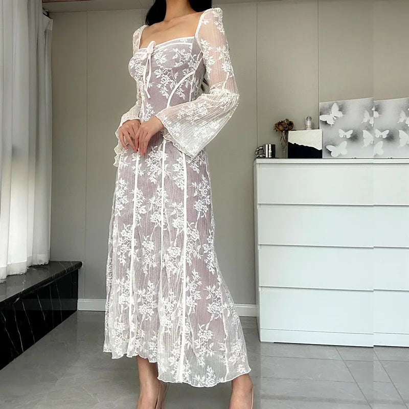 Women's Sexy Lace Embroidery Flared Sleeve Autumn Dress - Image 5