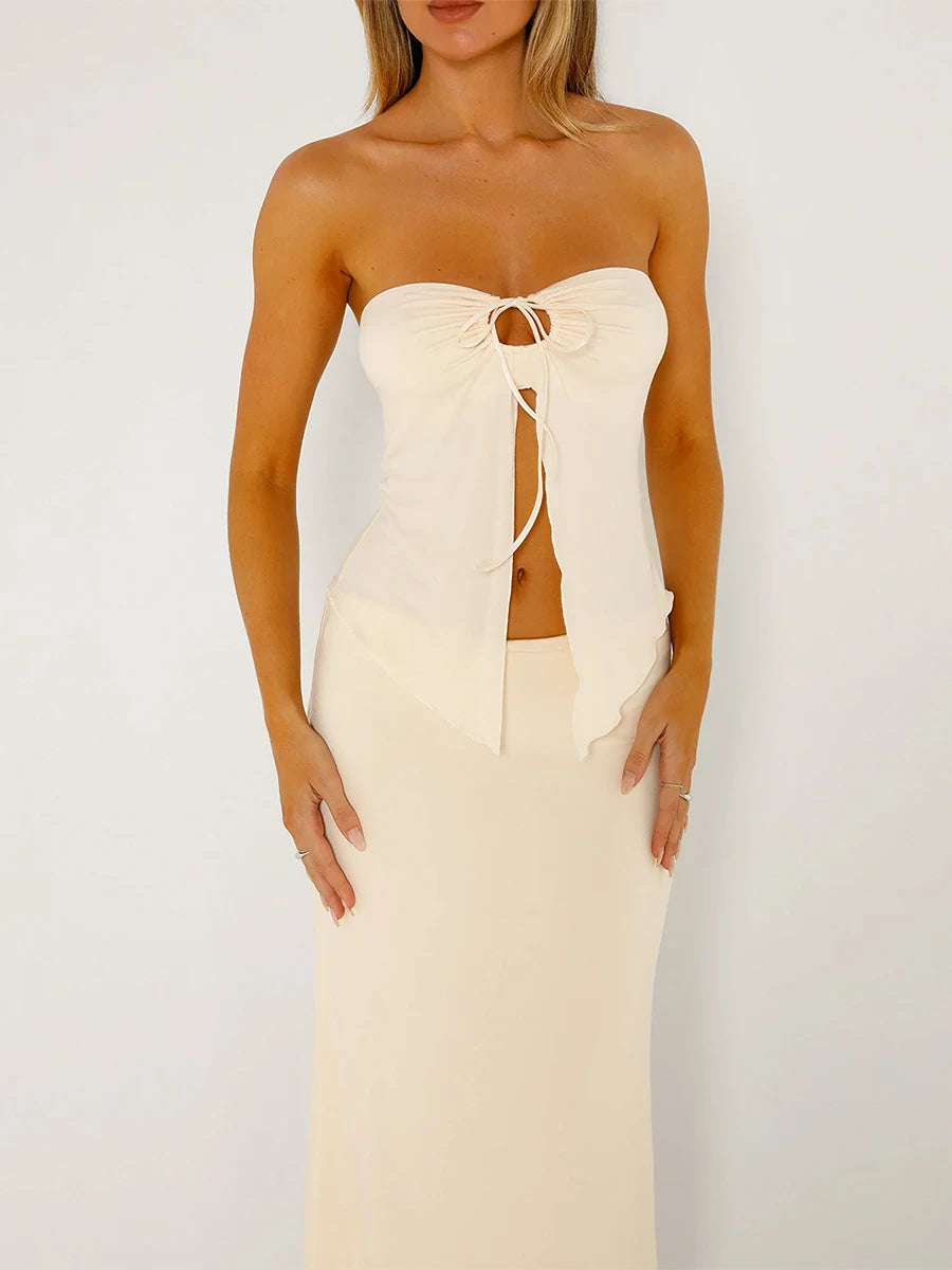 Sheer Mesh Strapless Crop Top & Long Skirt Set - Image 4