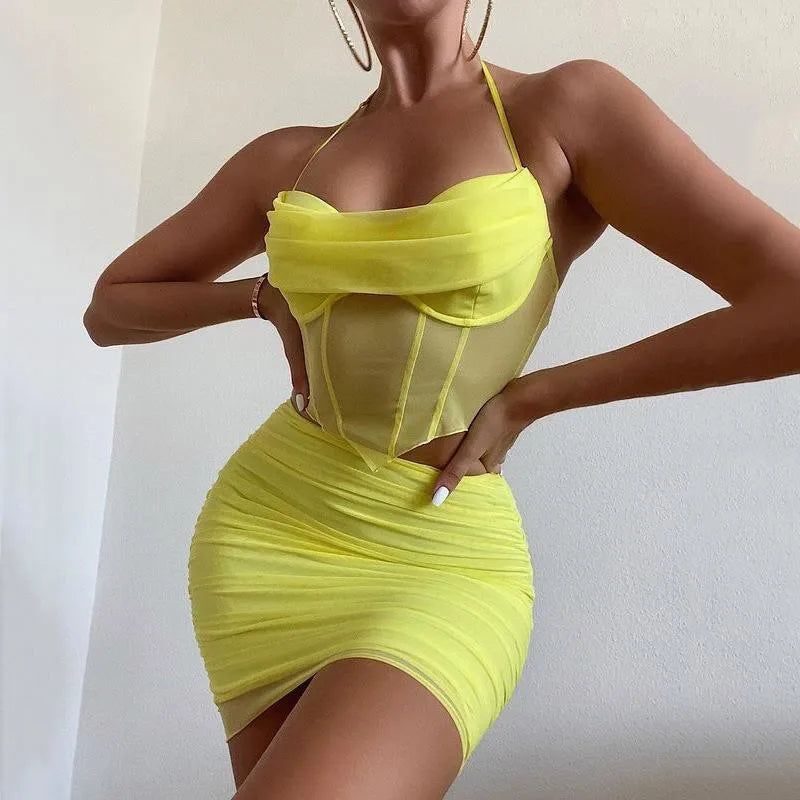 Retro Y2K Halter Mini Dress - Yellow Green Cocktail - Image 4
