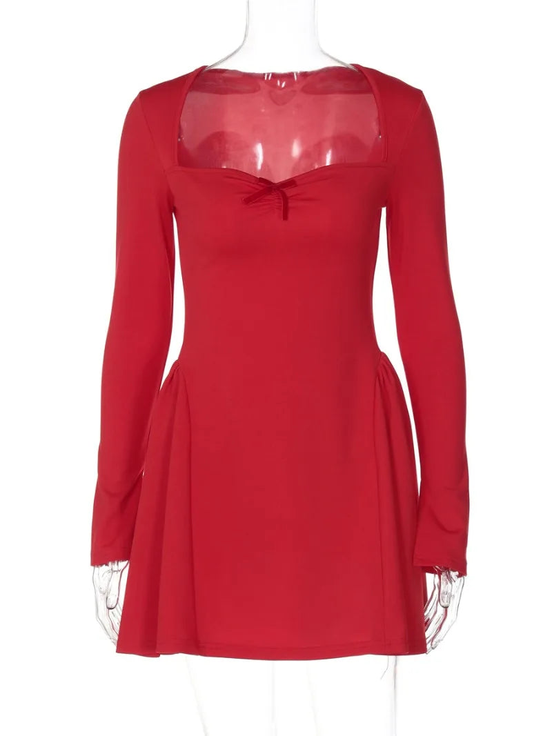 Elegant Red Party Dress with Square Collar and Bowknot - Image 5
