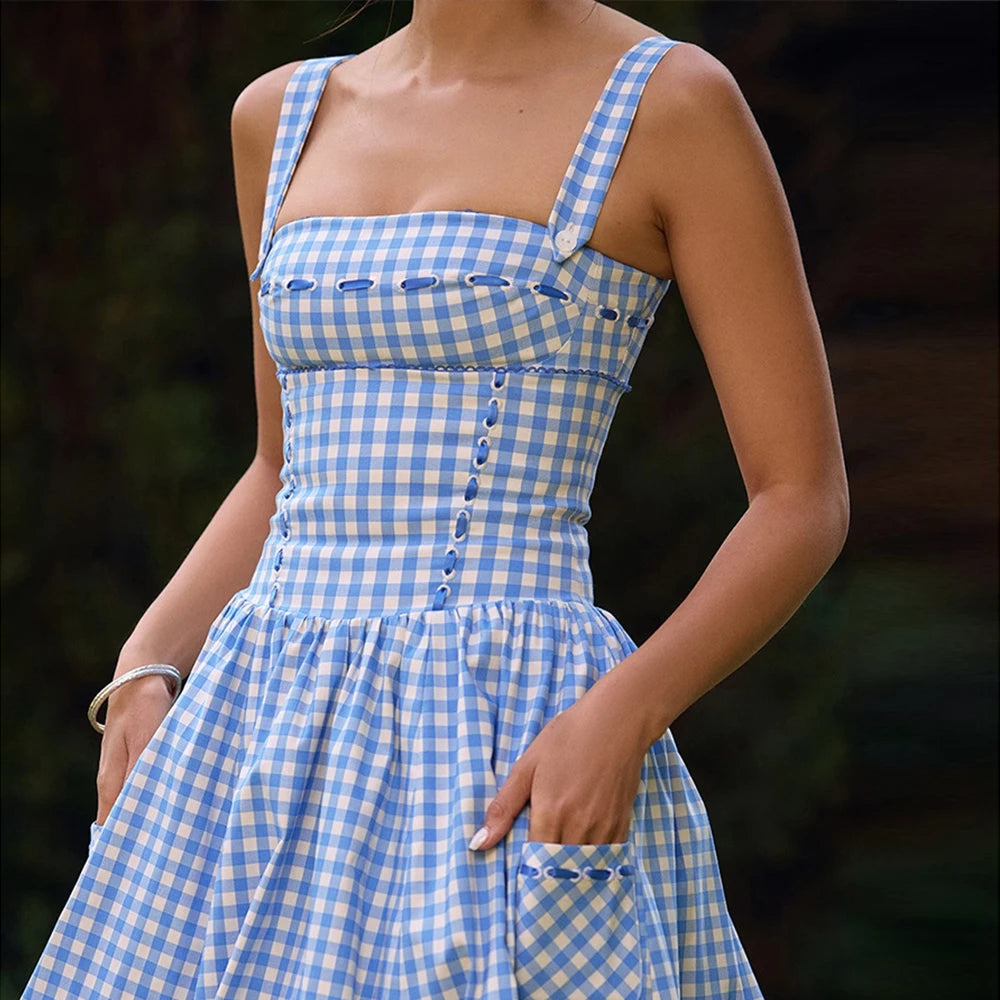 Elegant Summer Spaghetti Strap Plaid Dress with Pockets - Image 5