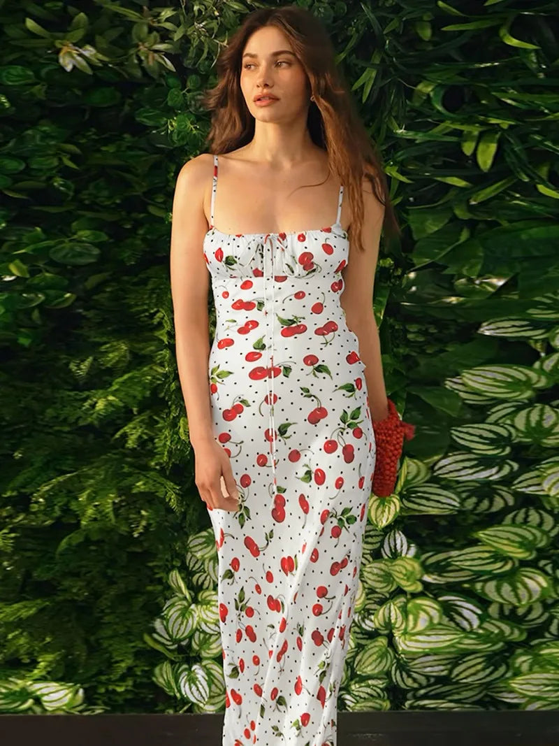 Cherry Pattern White Slip Dress for Women - Sleeveless Lace-Up Design - Image 3