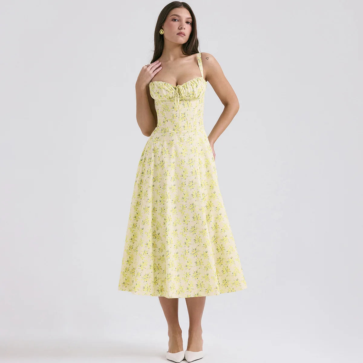 Elegant Women's Summer Midi Dress with Yellow Floral Print - Image 3