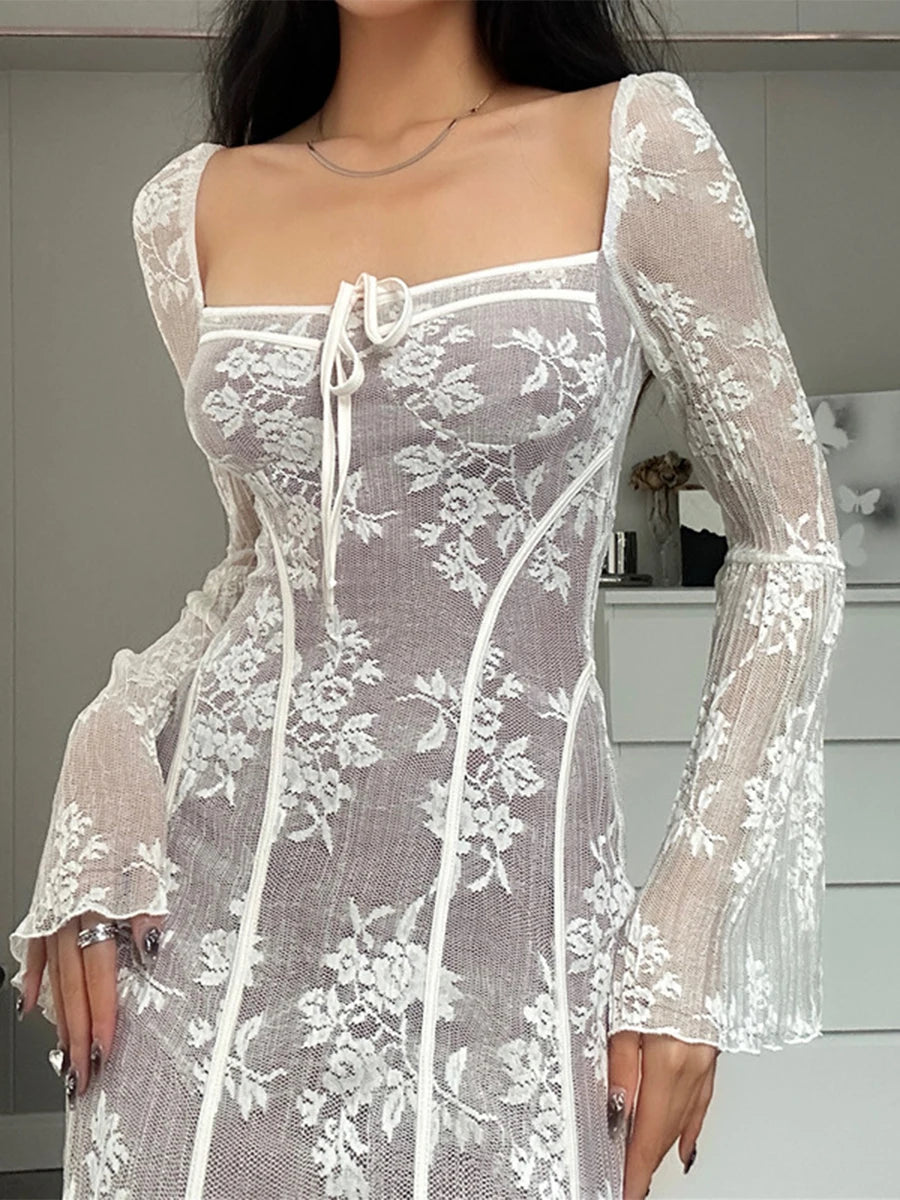 Fairycore White Lace Long Sleeve Swing Dress - Image 4