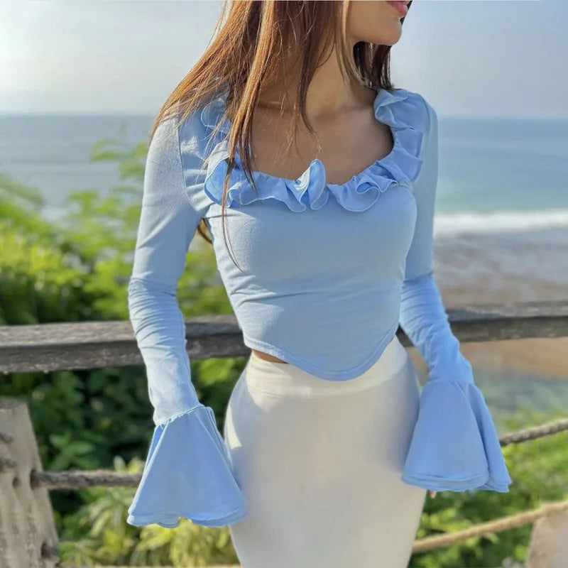 Elegant Ruffled Bell Sleeve Cropped Top for Women - Image 4