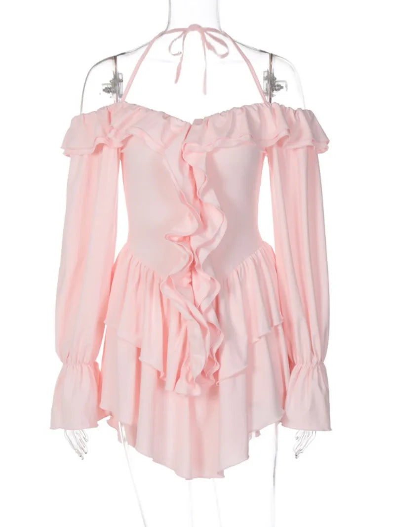 Flirty Halter Neck Ruffle Tunic Dress - Pink & Black - Image 7