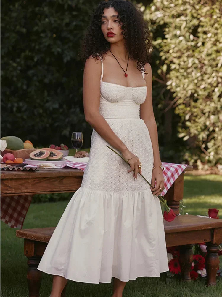 Elegant White Spaghetti Strap Midi Dress for Women - Image 5