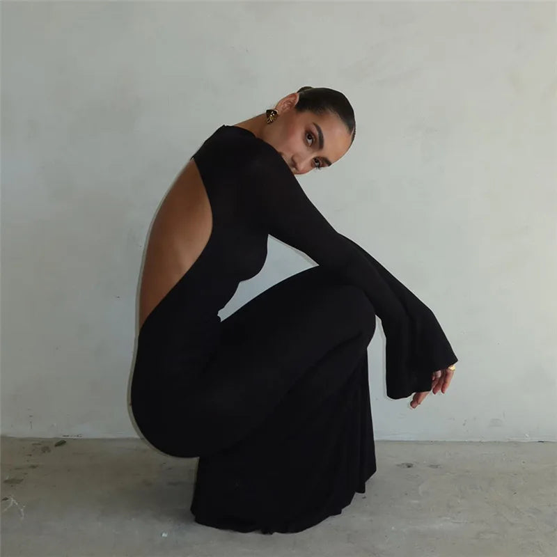 Backless Black Bodycon Maxi Dress for Autumn Parties - Image 4