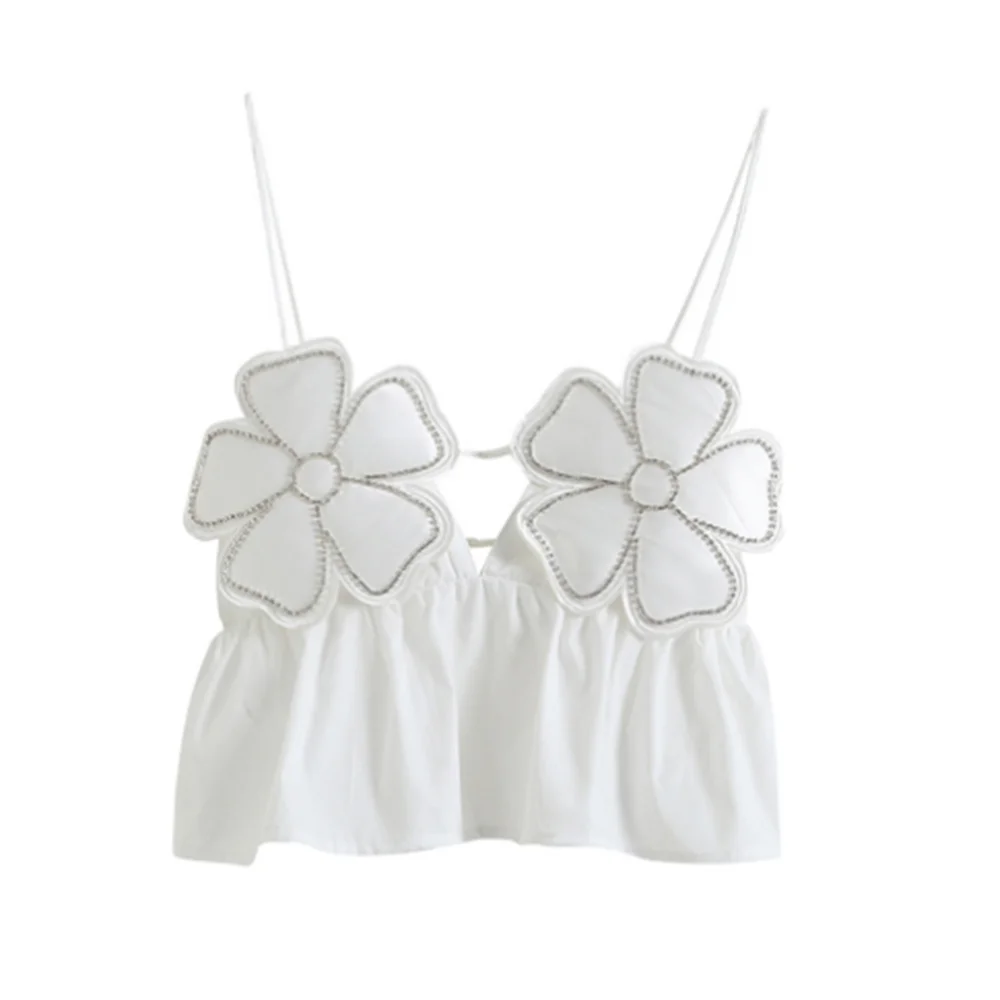 Summer Women's Black Glossy Floral Cotton Crop Top - Image 5