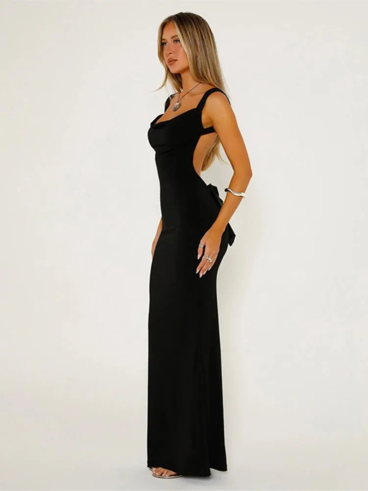 Elegant Spaghetti Strap Maxi Dress with Backless Bowknot - Image 7