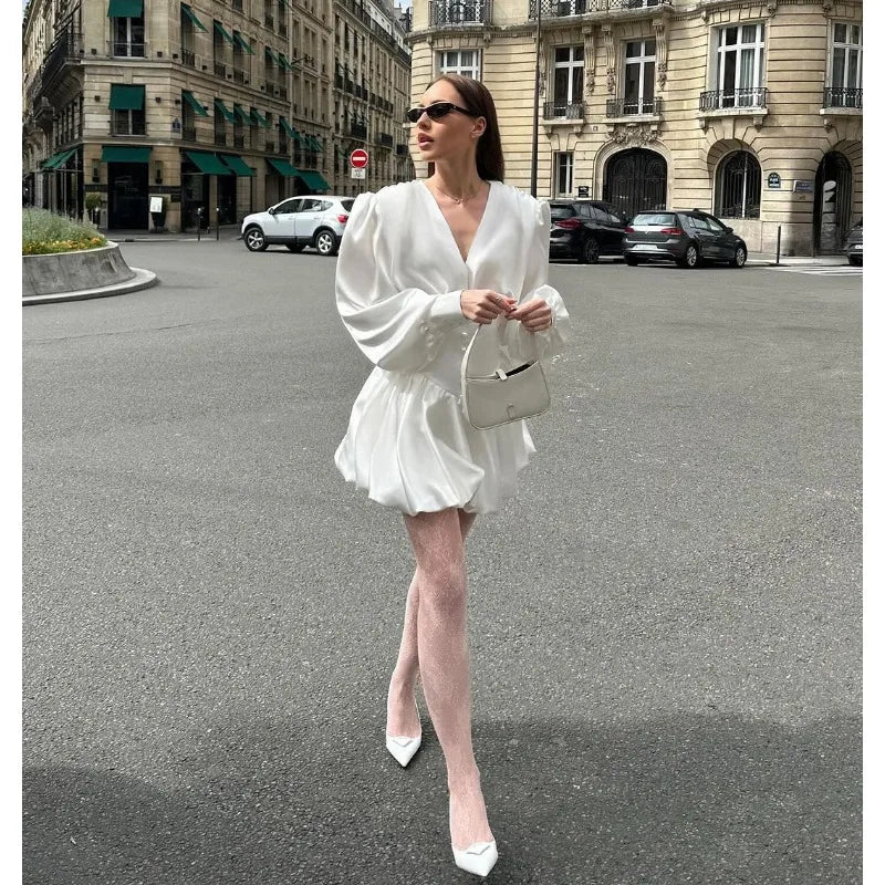 Chic White V-Neck Pleated Mini Dress for Women - Image 5