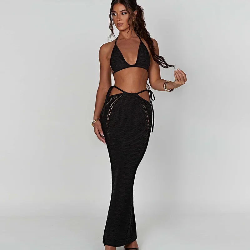 Lace-Up Crop Top & Long Skirt Matching Set for Women - Image 4