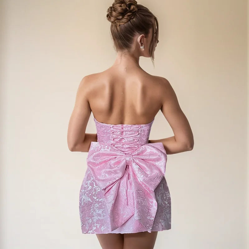 Summer Sweetheart Mini Dress with Bow - Chic Jacquard Style - Image 5