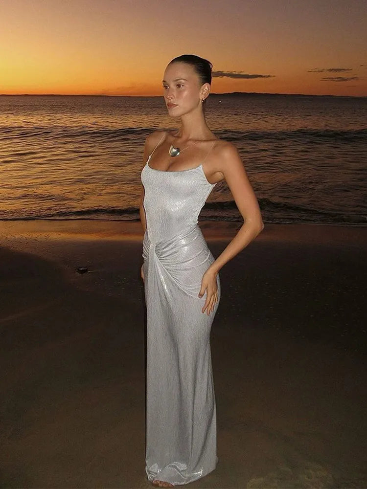 Elegant Metallic Backless Ruched Pleated Evening Dress - Image 7