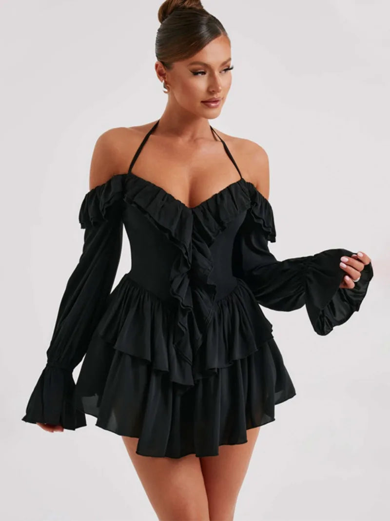 Flirty Halter Neck Ruffle Tunic Dress - Pink & Black - Image 5