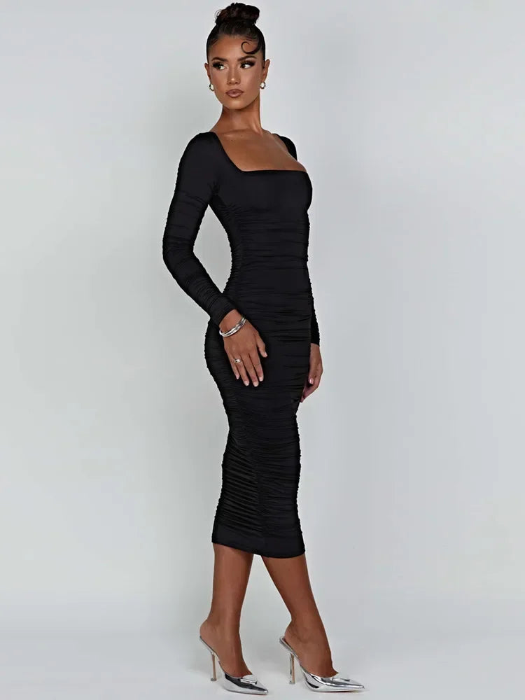 Black Ruched Midi Dress with Square Collar for Women - Image 4