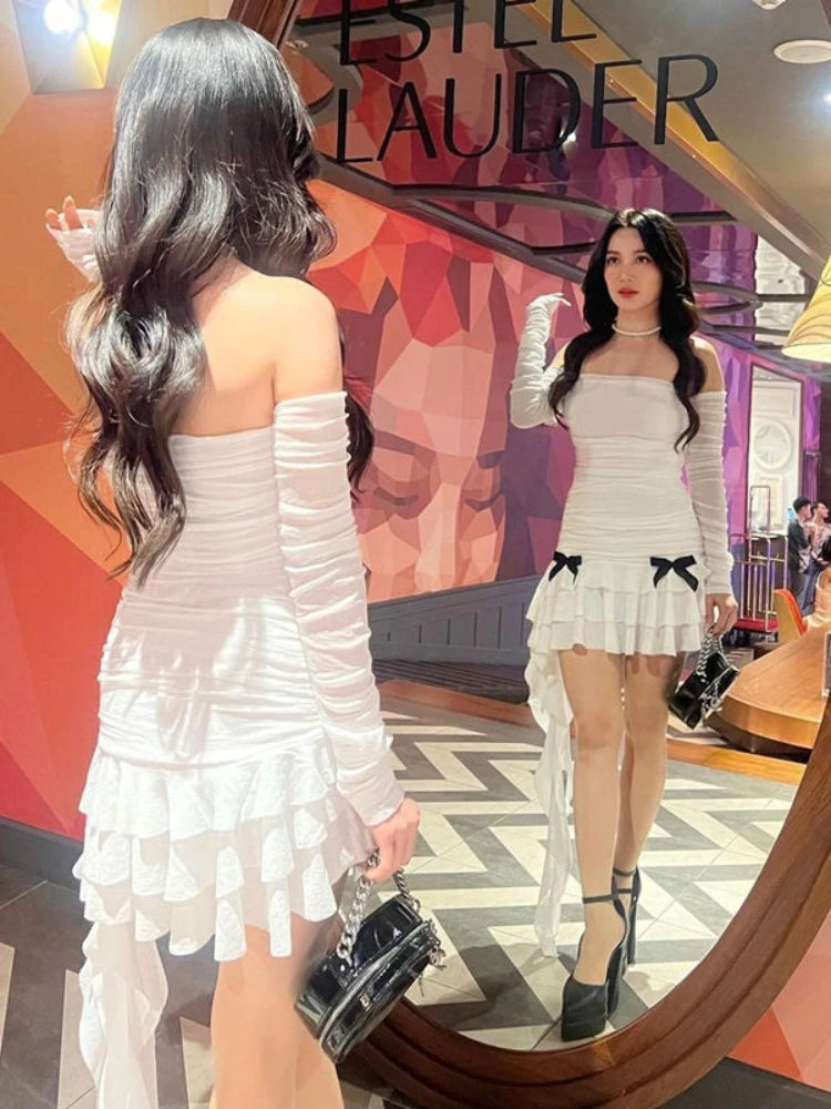 Chic Off-Shoulder Backless Mini Dress with Ruffle Bow - Image 4