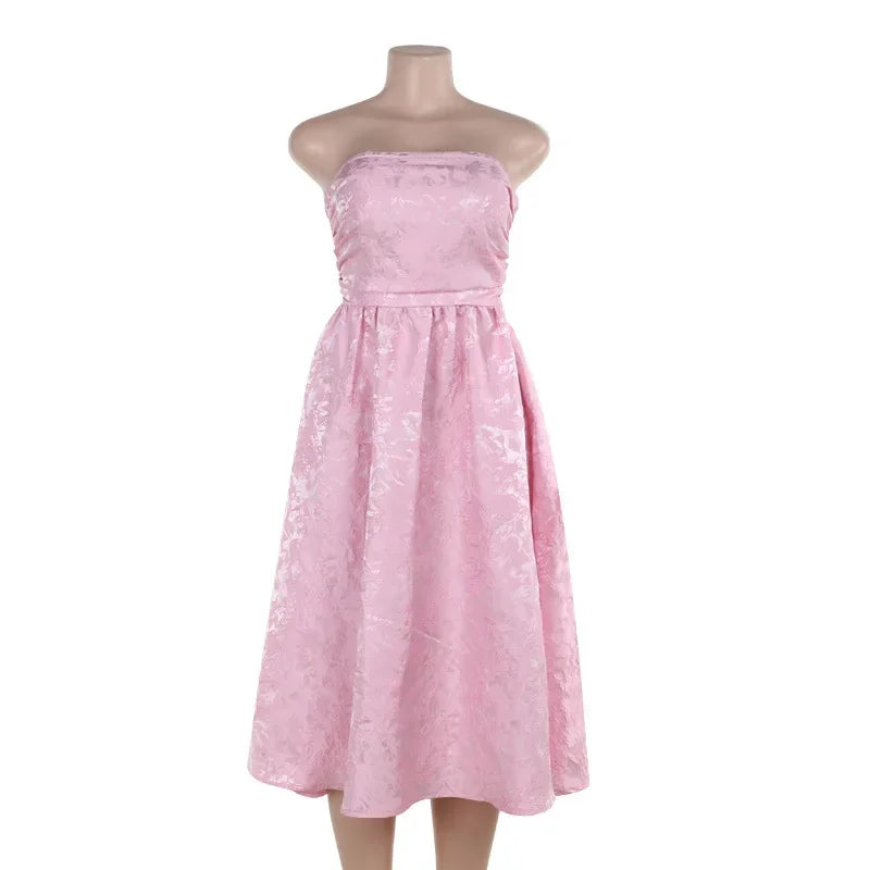 Elegant Strapless Satin Jacquard Dress for Women - Image 9