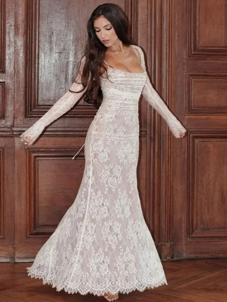 Elegant Lace Maxi Dress for Women - Summer Party Wear