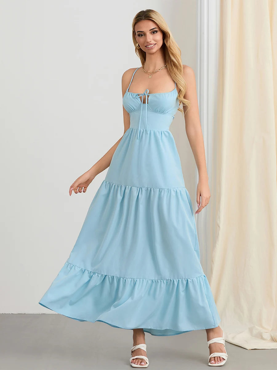 Elegant Backless Spaghetti Strap Flowy Summer Dress - Image 9