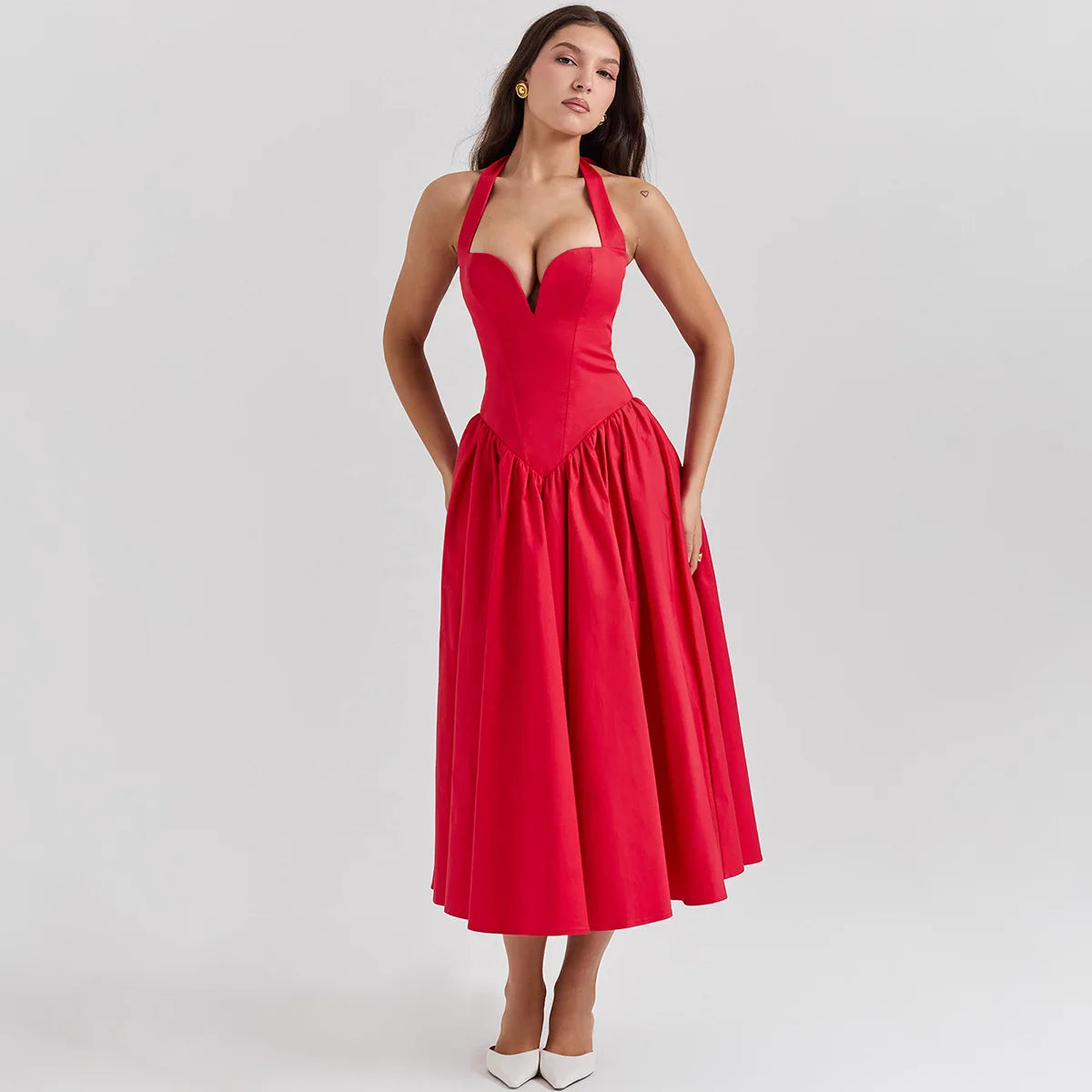 Elegant Red Halter Fit and Flare Summer Dress - Image 3