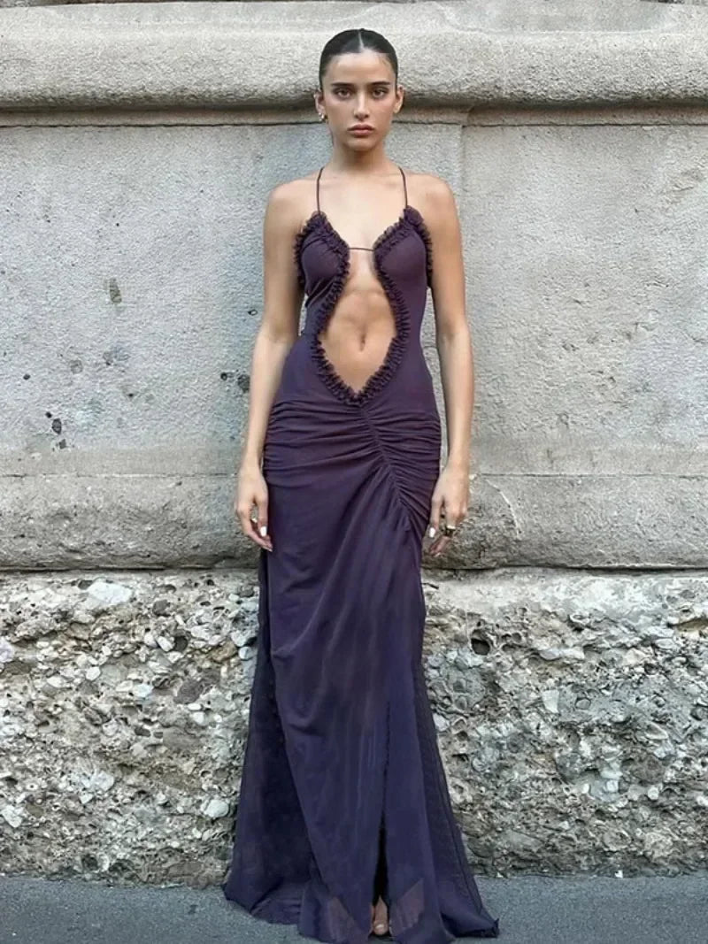 Elegant Hollow Out Maxi Dress with High Waist Split - Image 8