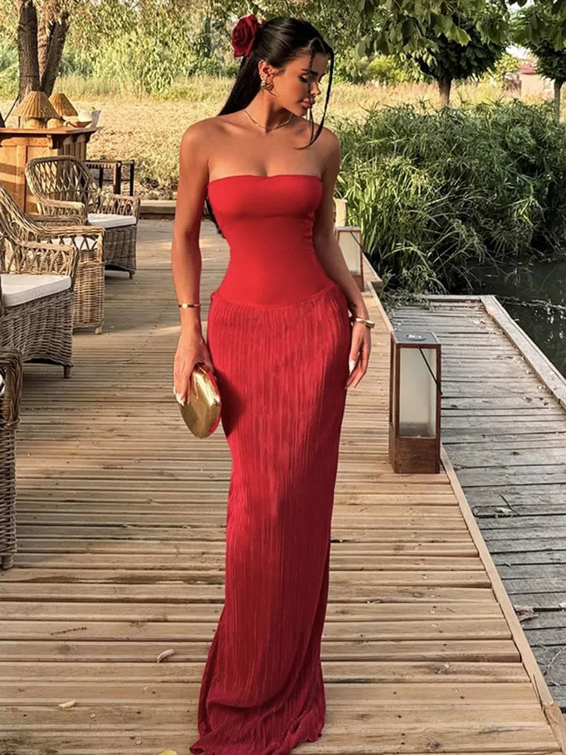 Elegant Strapless Slim Long Beach Party Dress - Red/White - Image 6