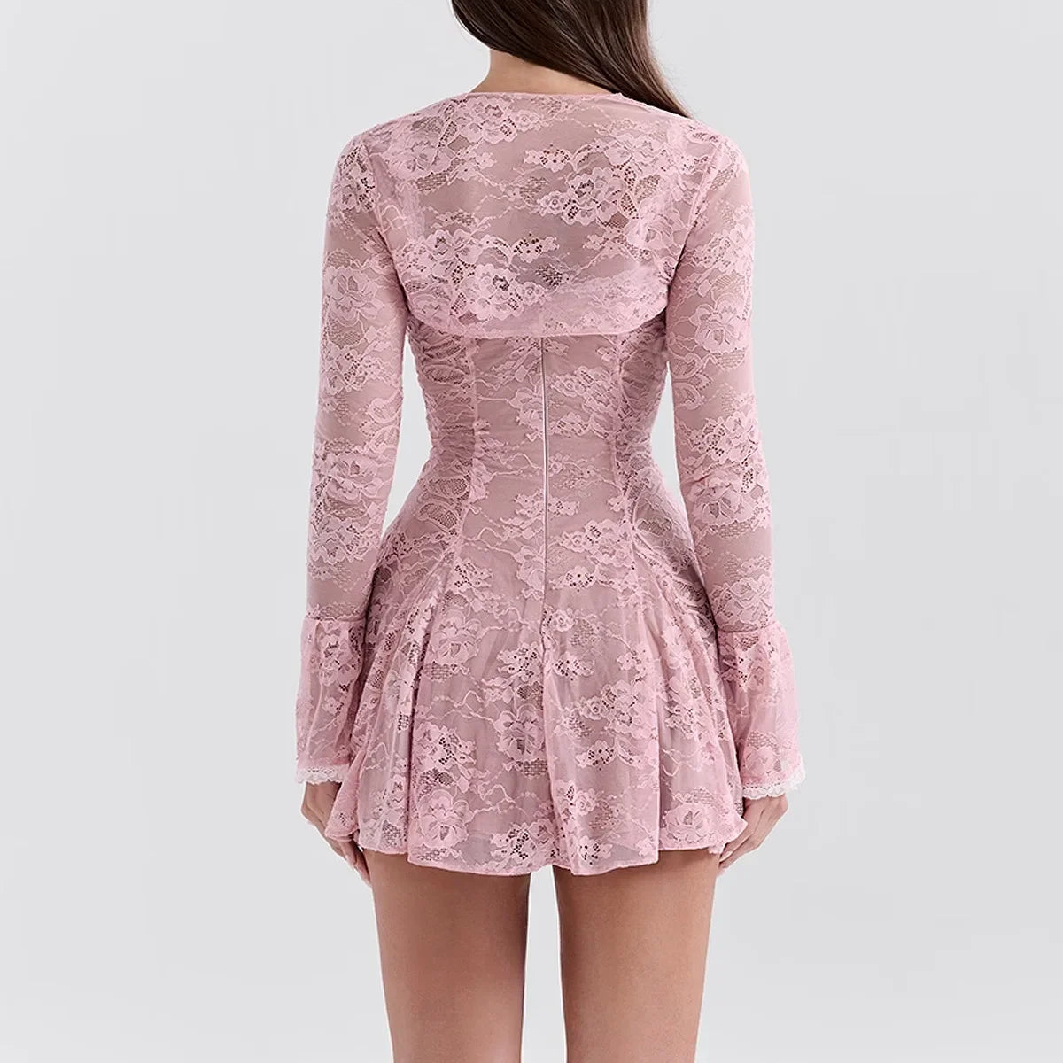 Elegant Pink Lace Slip Mini Dress with Long Sleeves - Image 7
