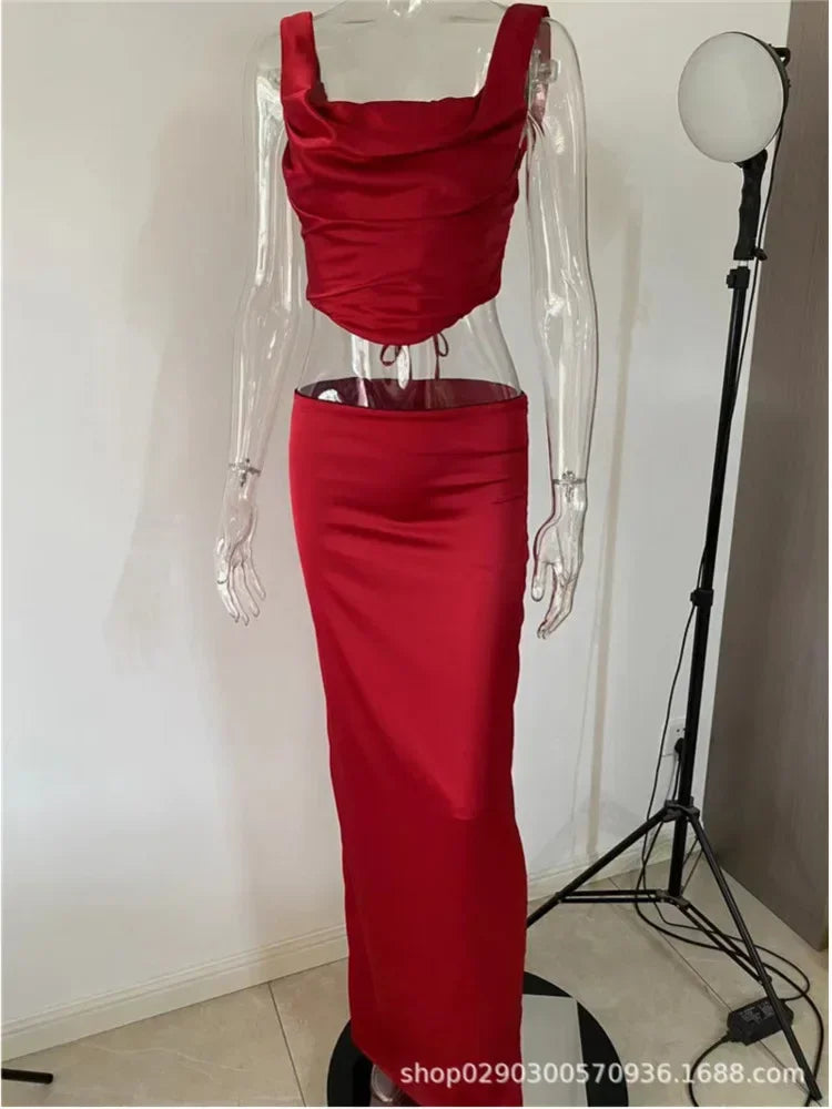 Satin Elegant Backless Crop Top and Long Skirt Set - Image 6