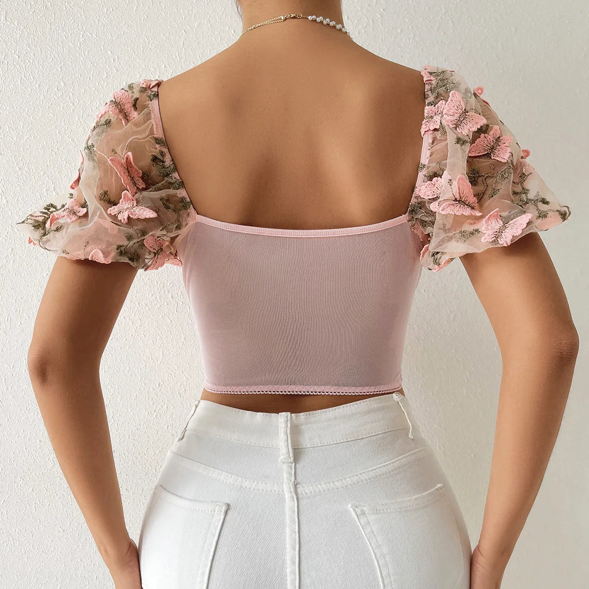 Floral Lace Crop Top with Square Neck and Backless Design - Image 6