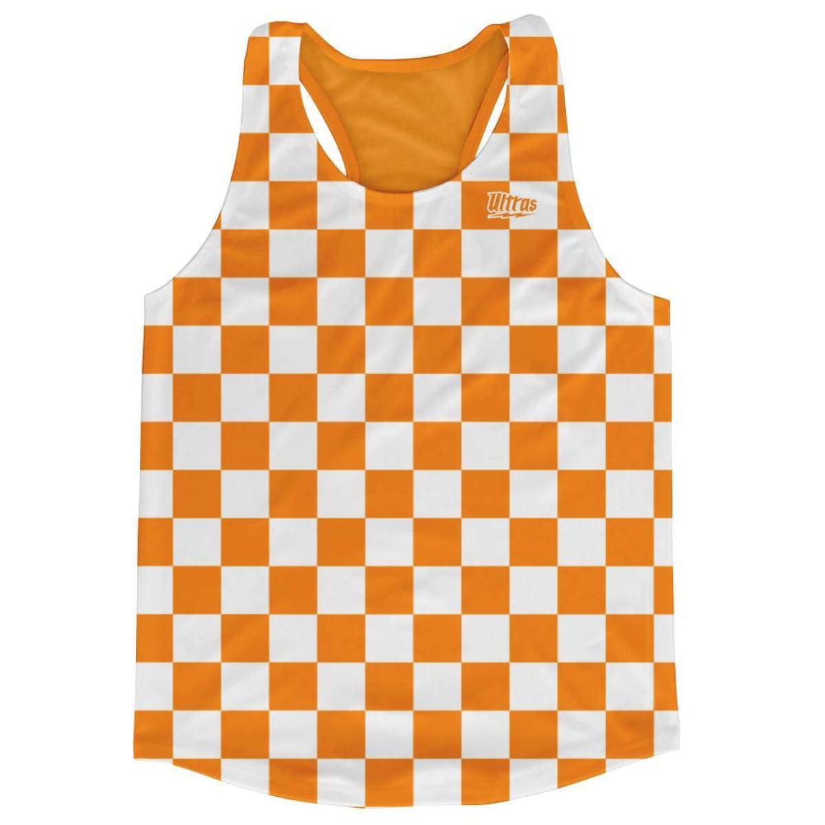 Image of Orange & White Checkerboard Running Tank Top Racerback Track and Cross Country Singlet Jersey Made In USA