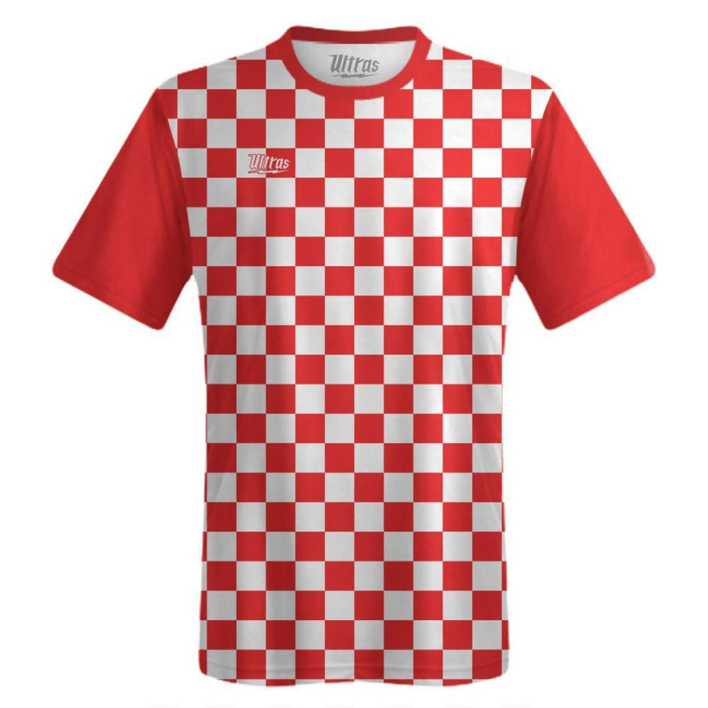 red and white checkered soccer jersey