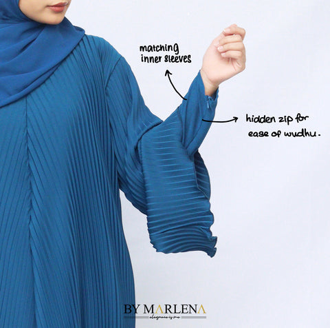 Pleated abaya jubah with inner sleeves and hidden zip for wudhu friendly