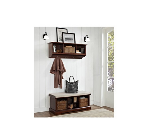 Entryway Storage Bench Wall Shelf Set Cubbies Wicker Baskets Shoes