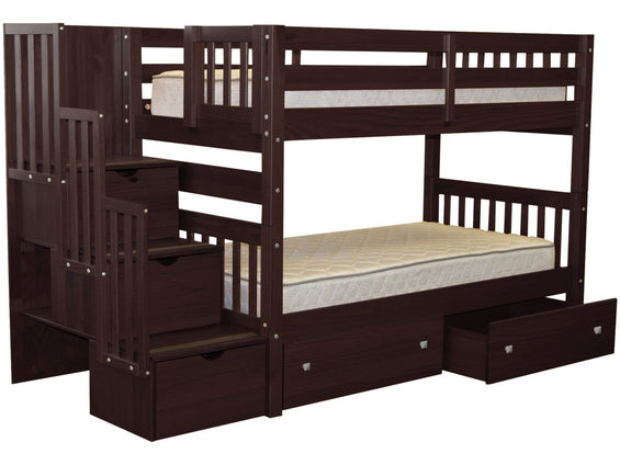 Bunk Beds Twin Stairway Dark Cherry 2 Drawers 998 