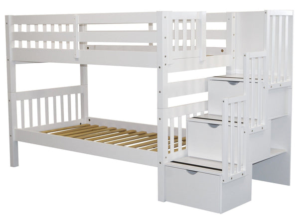 white wooden bunk beds with mattresses