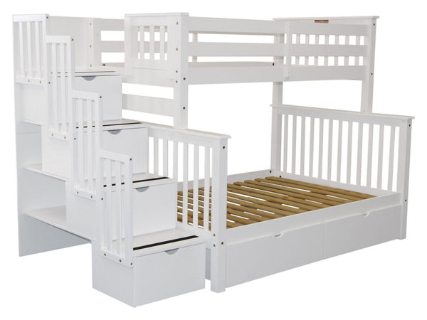 white wooden bunk beds with stairs