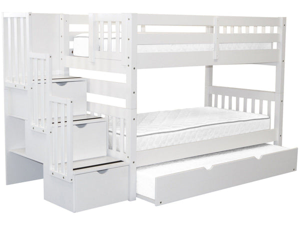 white wooden bunk beds with stairs