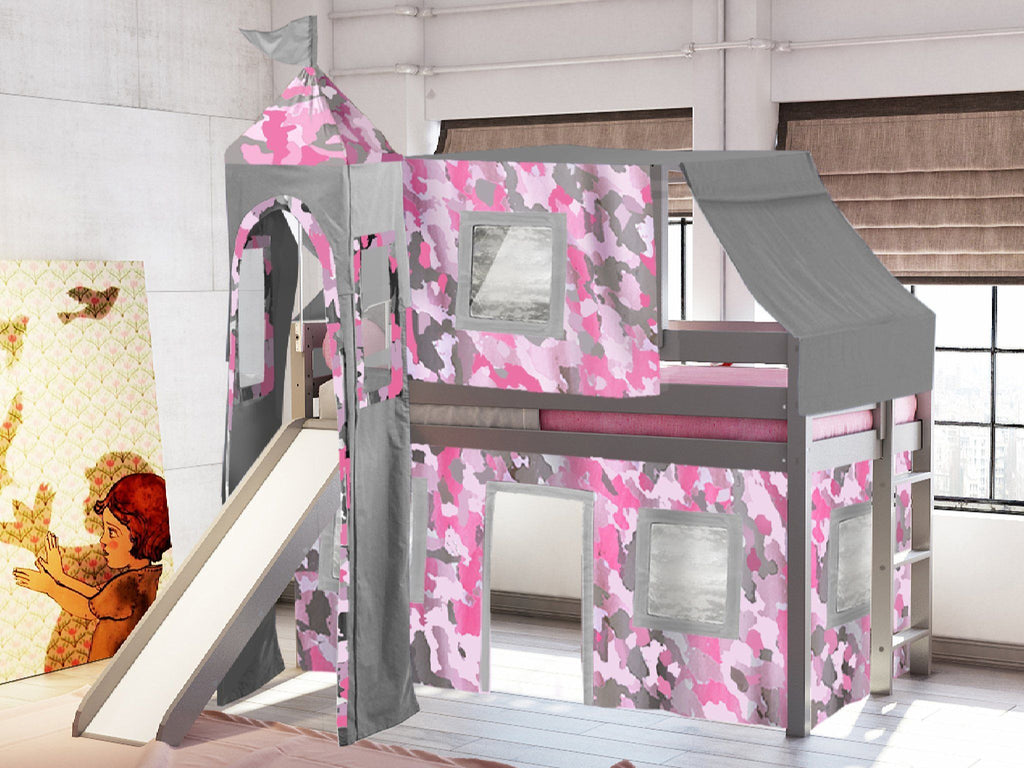 Princess Twin Loft Bed In Gray Pink Camo Tent 475
