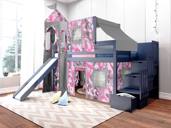 Janice Slot dinsdag Princess Twin Loft Bed BLUE | Stairs Pink Camo Tent $698