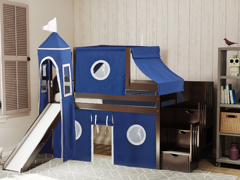 a bunk bed with a slide