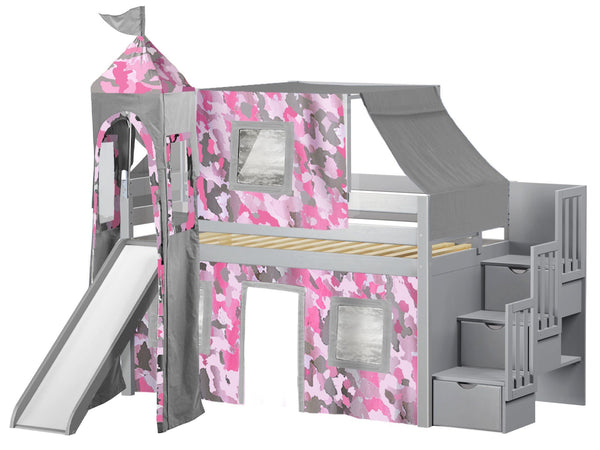 pink bunk beds with stairs