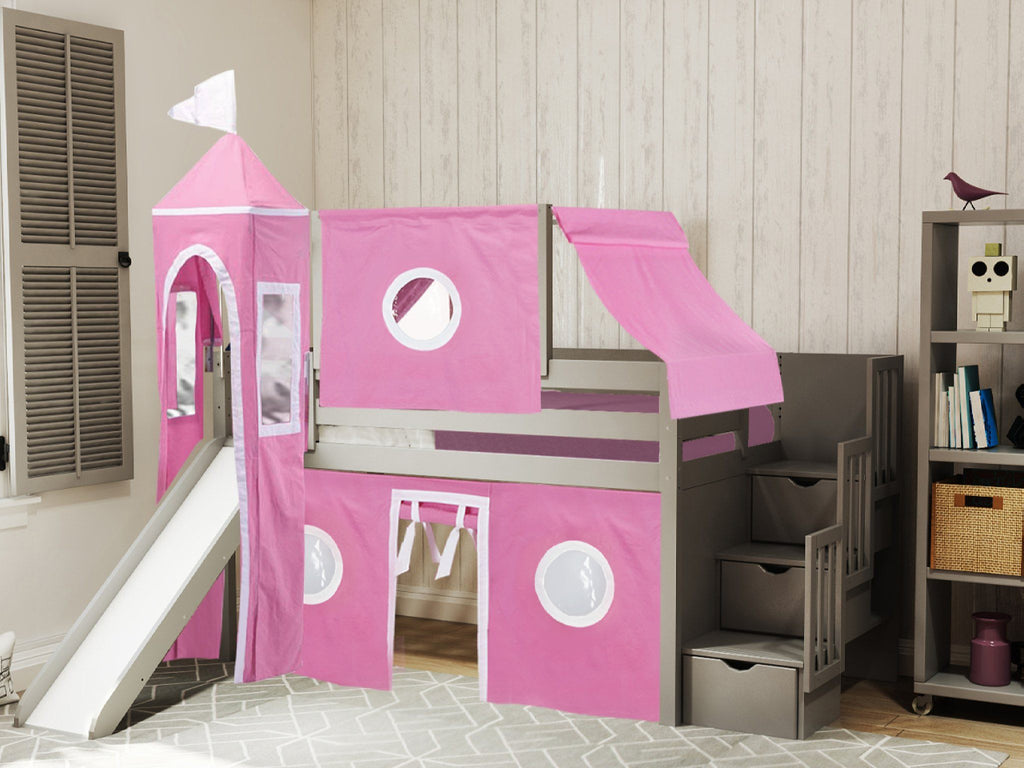 Princess Stairway Gray Loft Bed Pink White Tent 665